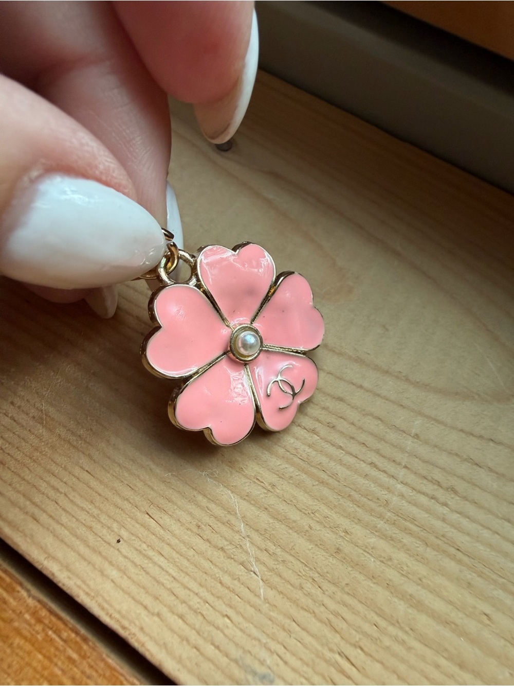 CHANEL Authentic Pink Enamel Four-Leaf Flower Pendant Charm Zip Pull Faux Pearl